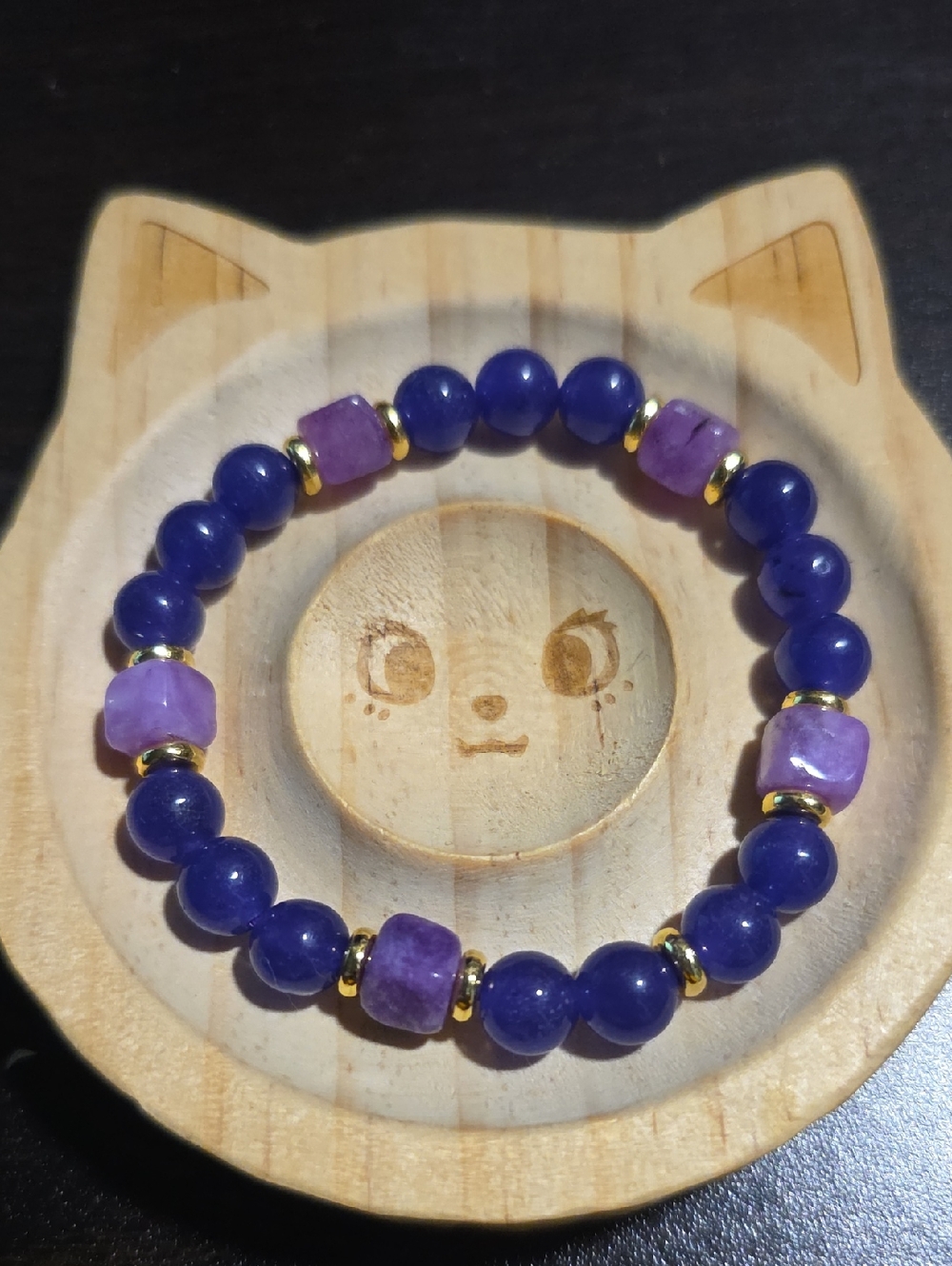 Purple Agate Beaded Stretch Bracelet with Cube Purple and Gold Accents